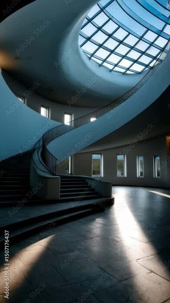 Poster modern architecture featuring a spiral staircase beneath a gridded skylight and multiple windows, ca