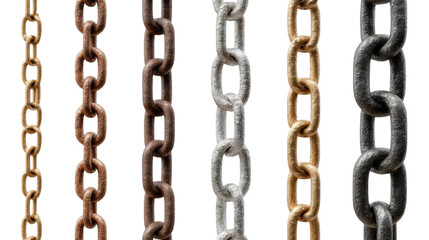 Fototapeta premium Chains of different material: A diverse collection of metal chains hangs in neat rows. Each chain, crafted from a distinct material, showcases varying textures and tones.