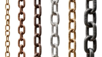 Chains of different material: A diverse collection of metal chains hangs in neat rows. Each chain, crafted from a distinct material, showcases varying textures and tones.