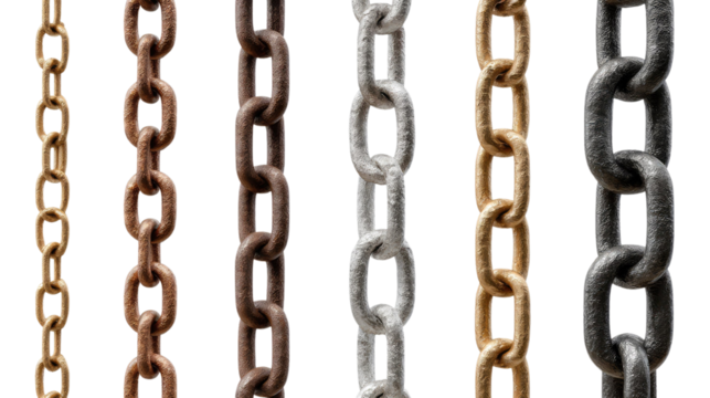 Chains of different material: A diverse collection of metal chains hangs in neat rows. Each chain, crafted from a distinct material, showcases varying textures and tones.