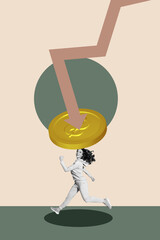 3d sketch image collage of inexperienced businesswoman businessman stand arrow decline dollar investor loss crisis inflation coin