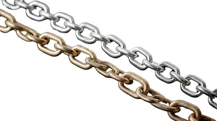 Obraz premium Metallic Chains: Two metallic chains, one gold and one silver, lie side by side. The intertwined links of each chain gleam, showcasing their strength and intricate design.