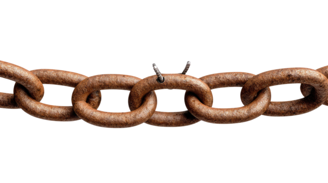 Broken Chain Symbol: A close-up shot of a broken chain, symbolizing weakness, vulnerability, and disconnection in a state of rustiness.