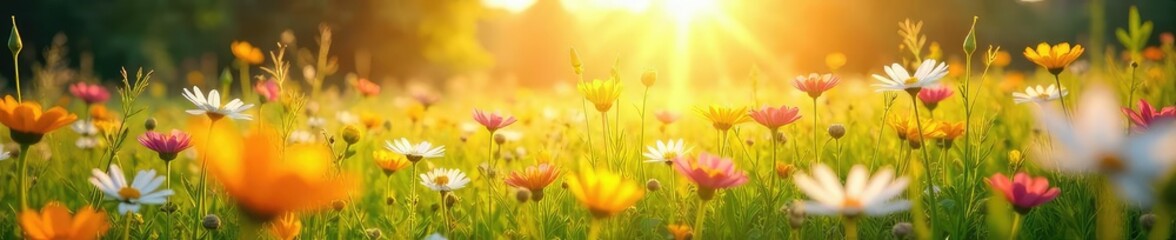 Fototapeta premium A vibrant sunlit meadow bursting with wildflowers, conveying a feeling of boundless, joyful energy and carefree abandon Perfect for themes of freedom, happiness, and summer , outdoor, colorful