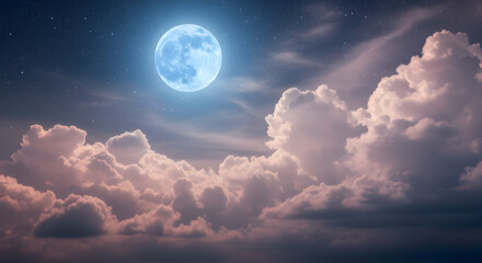 Obraz premium Night Sky Serenity: The Luminous Moon Above Fluffy, Pink-Tinged Clouds