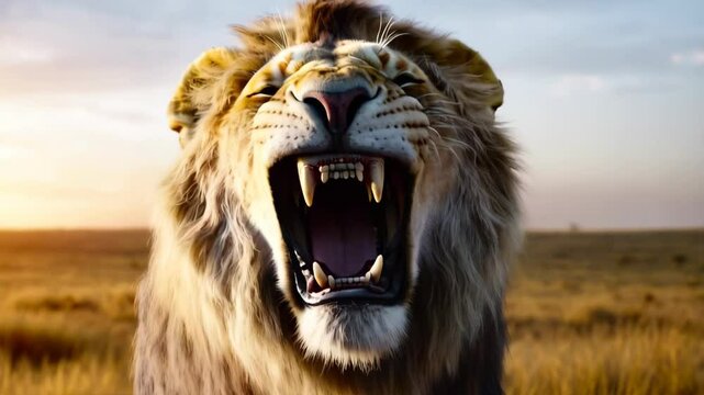 Majestic lion roaring in african savanna at sunset