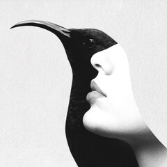Abstract woman mouth and exotic Black Sun bird collage illustration. Black and white image. Grunge, noise and grain effect applied. Retro vintage style