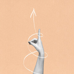 Business, finance concept. Woman hand with pointing finger up and swirl arrow around it. Grunge, noise and grain effect applied. Beige background with copy space. Retro vintage style