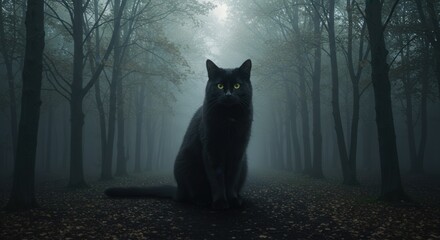 Mystical black cat with glowing eyes sitting in misty forest at dawn. Halloween theme
