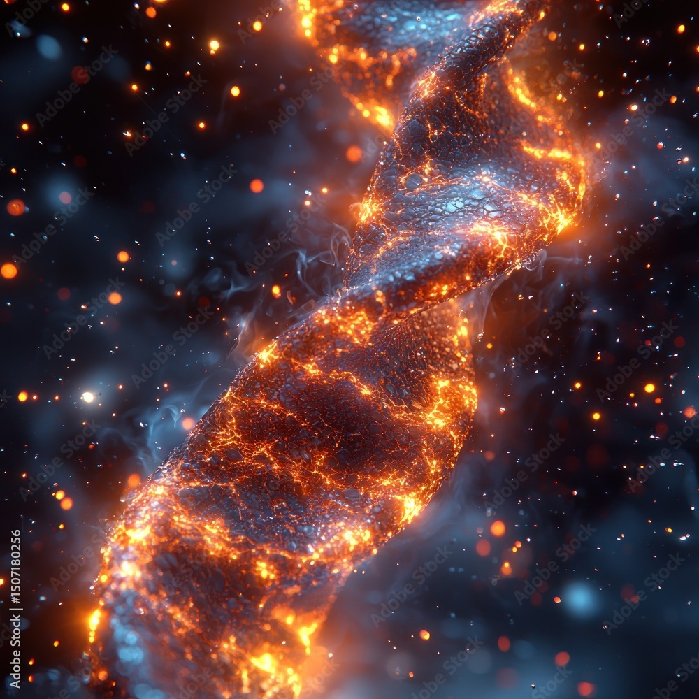 Poster glowing twisted structure with crackling light and dark nebulae background