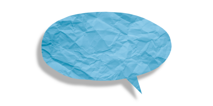 Light blue speech bubble crumpled paper isolated on transparent background
