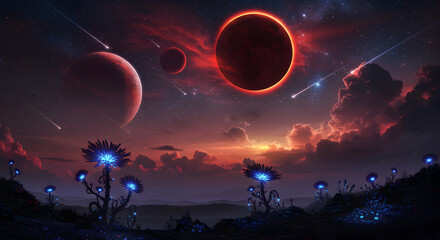 Vibrant Celestial Fantasy Featuring Alien Planets, Glowing Flora, and a Starry Night