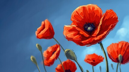 Obraz premium Vibrant red poppies against a blue sky background.