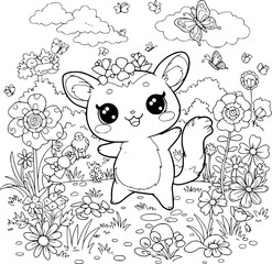cute cartoon fantasy animals among flowers in a fun nature illustration