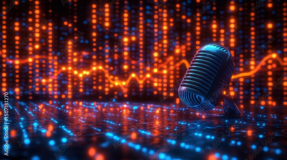 Wall mural retro microphone against a backdrop of glowing data points