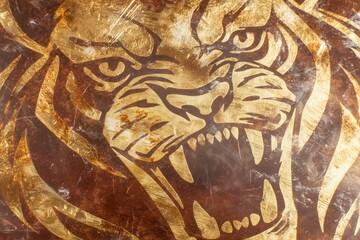 Fierce lion illustration with intricate detailing in earthy tones.