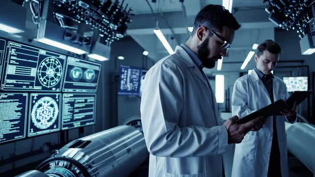 Scientists using digital tablet, analyzing data on computer screens in high tech research laboratory