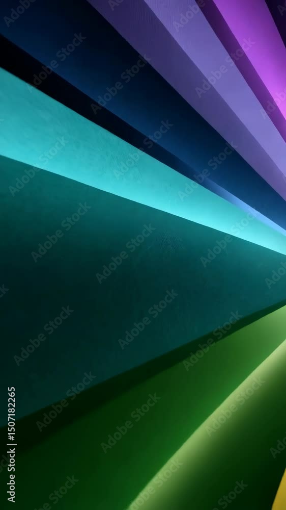 Poster abstract composition of textured angled planes in vibrant colors from purple through red with conver