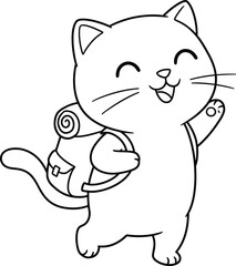 Fototapeta premium Cat with backpack lineart illustration suitable for coloring book happy walking kitten outline drawing for kids and adults 