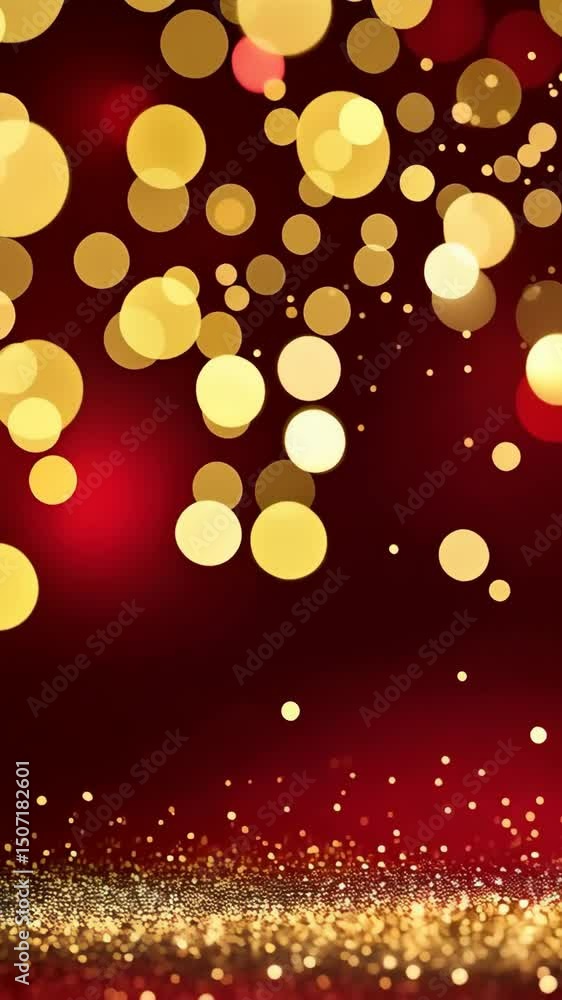 Poster elegant deep red background with floating and twinkling golden and red bokeh lights, creating a fest