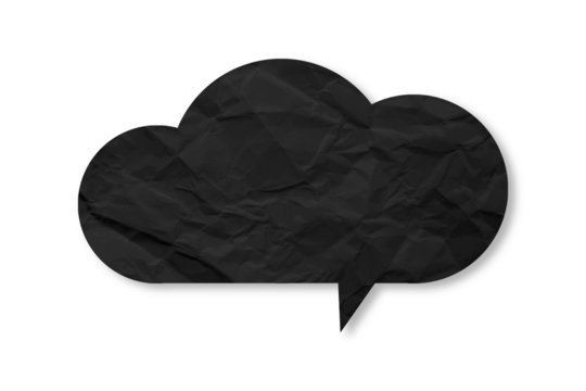 Black speech bubble crumpled paper isolated on transparent background