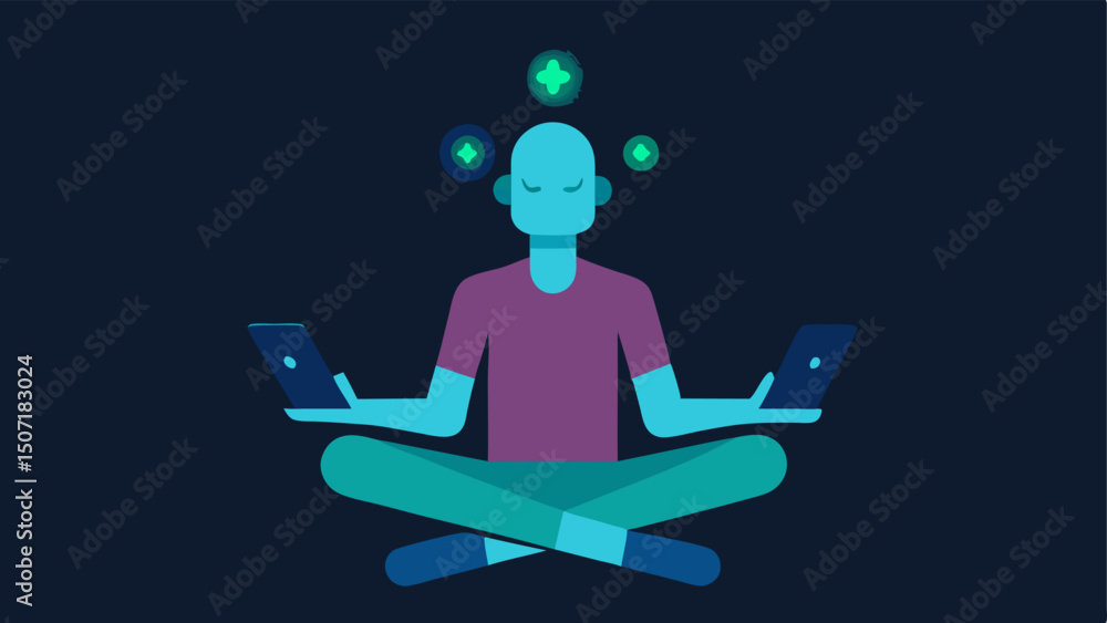 Aufkleber meditation and technology a figure sitting crosslegged with a glowing smart device in hand merging t