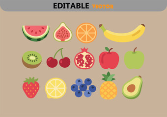 Collection of flat style fruit icons watermelon banana apple