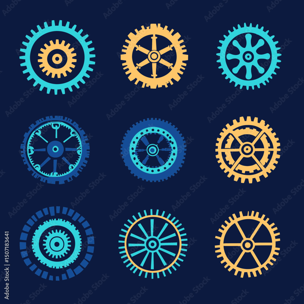Poster set of nine colorful mechanical gears with various intricate spoke and tooth designs isolated on dar