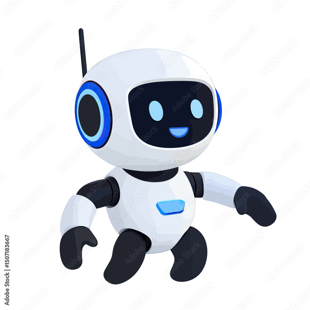 Poster friendly futuristic 3d robot character with digital face and blue accents smiling isolated on white 