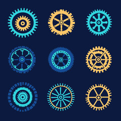 Set of nine colorful mechanical gears with various intricate spoke and tooth designs isolated on dark background vector illustration for technology and industry concepts