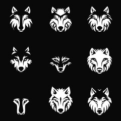 Set of nine black and white wolf head illustrations with various expressions, flat minimalist vector style logo design collection for wildlife and animal branding