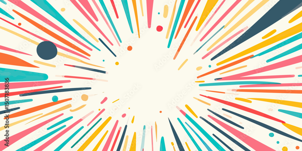 Poster colorful radial sunburst rays and sparkle doodle elements with dynamic hand drawn lines in flat mini