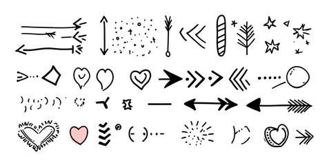 Hand drawn black arrow and heart doodle sketch set with decorative brush stroke vector elements including stars, dots, and underline shapes for design