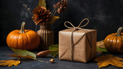 Autumn gift wrapped in kraft paper with pumpkin and leaves, empty space, on dark background.