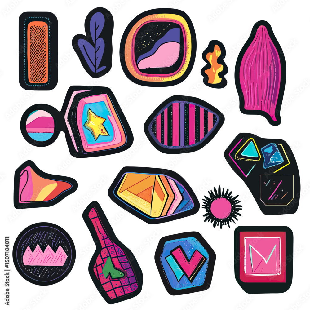 Poster colorful abstract geometric shapes and patterns patch style flat vector illustration with bright vib