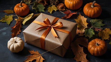 Autumn gift wrapped in kraft paper with pumpkin and leaves, empty space, on dark background.