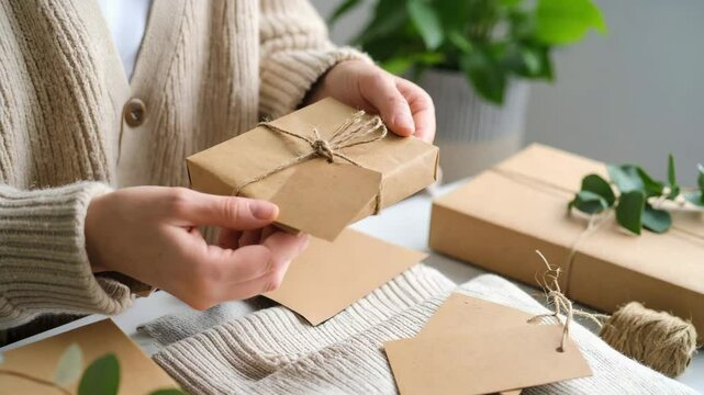 Small business sustainability gift packaging with brown paper, natural string, and tag for eco friendly, warm, and caring presentation