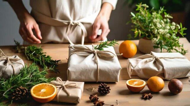 Small business gift wrapping with natural twine, herbs, and orange for sustainable, eco friendly, and beautiful packaging presentation
