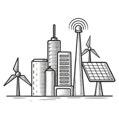 Fototapeta premium Modern cityscape featuring skyscrapers, wind turbines, a solar panel, and a communication tower.