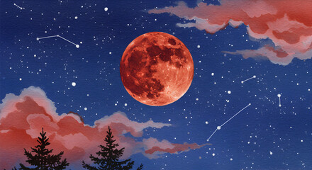 Naklejka premium Dramatic Watercolor Rendering of a Blood Moon Amidst a Starry Night Sky Scene