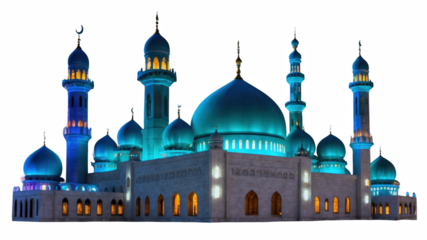 Illuminated mosque at night with vibrant blue domes.