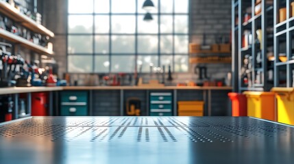 Empty metal workbench in a well organized workshop