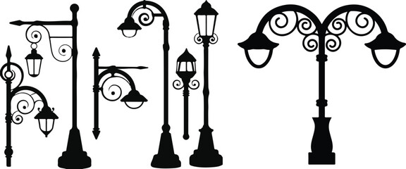 Black Street lamp silhouette vector illustration on white background. Lamp post set illustration
