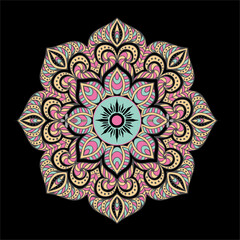 Colorful Floral Mandala Intricate Design on Black Background. Vector Illustrator