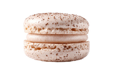 Close-up of a light beige macaron with chocolate sprinkles.