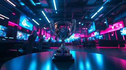Esports championship trophy in neon lit gaming arena