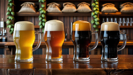 Craft beer variety on tap in rustic pub setting with foam-topped pints.