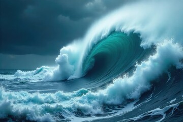 Powerful cyclone creating massive swirling waves, turbulent ocean water, intense weather phenomenon, dramatic sea scene , environment, natural disaster