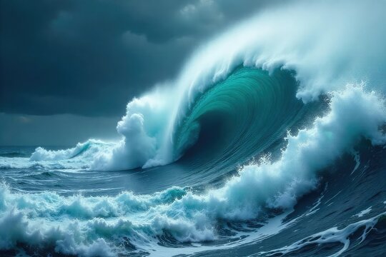 Powerful cyclone creating massive swirling waves, turbulent ocean water, intense weather phenomenon, dramatic sea scene , environment, natural disaster