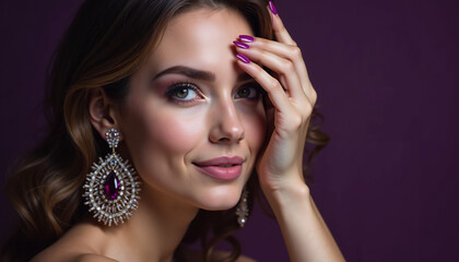 Obraz premium Beautiful young woman with large earrings, confident mood, close-up portrait on purple background, copy space